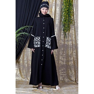 Front open embroidery abaya with Bell sleeves- Black